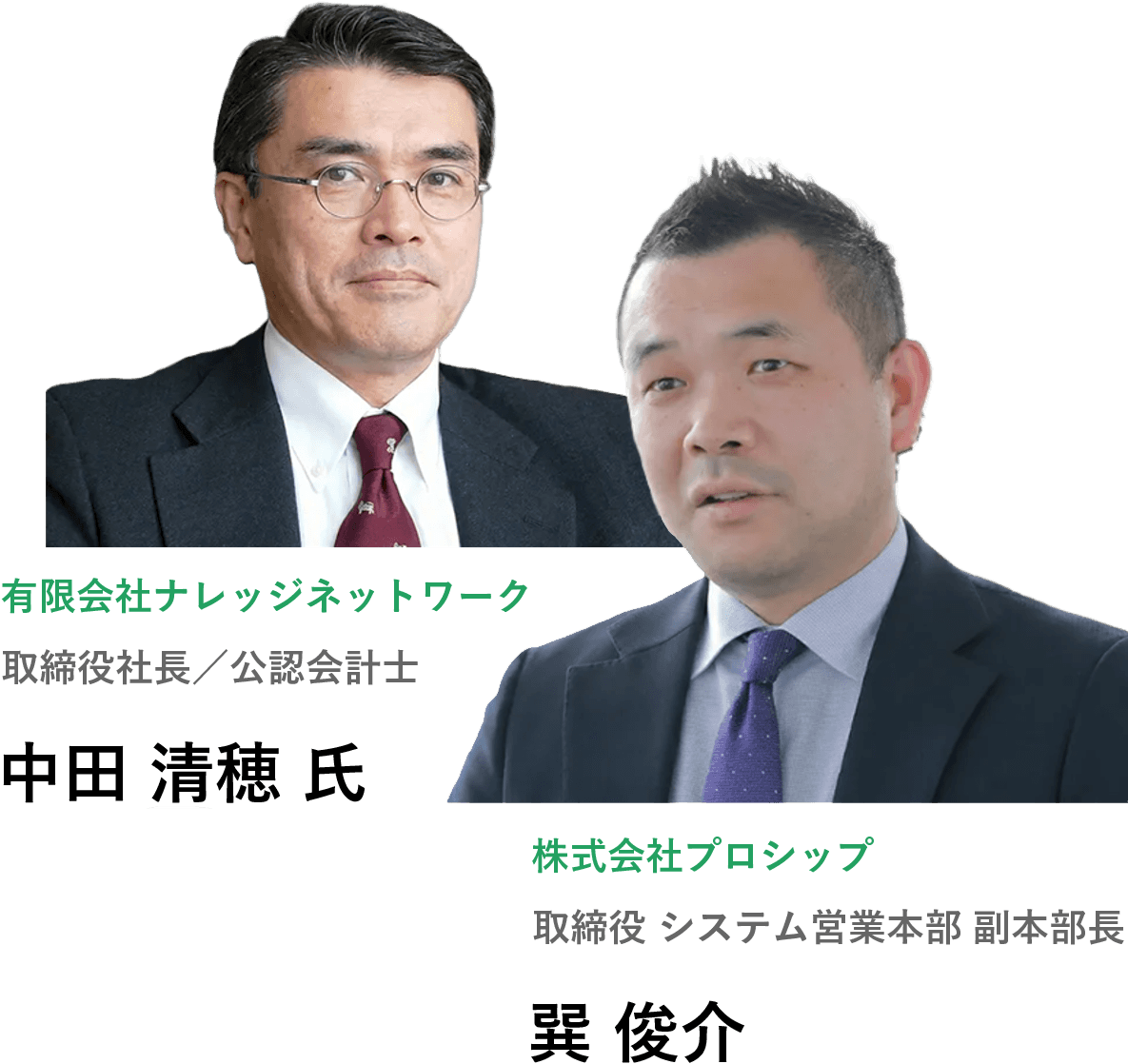 有限会社ナレッジネットワーク　取締役社長／公認会計士　中田 清穂氏、株式会社プロシップ　取締役　システム営業本部　副本部長　巽 俊介
